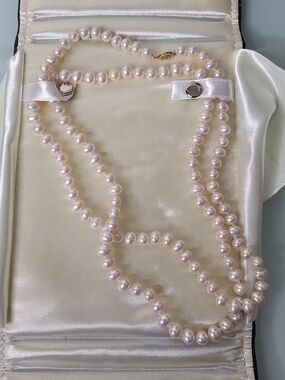 ​Vintage 30" Opera Length Hand Knotted Cultured Pearl Strand 14K Gold Clasp